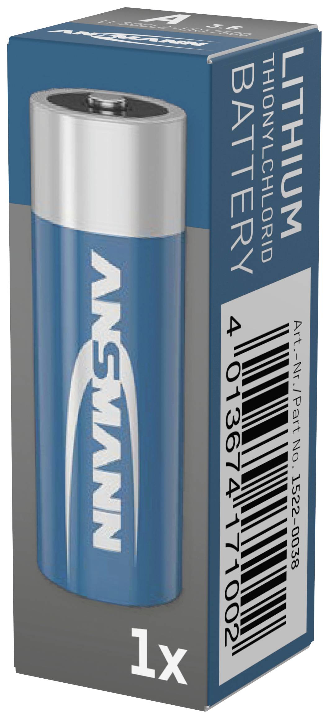 Bateria litowo-chlorkowo-tionylowa firmy Ansmann, ilustracja przedstawia opakowanie i kod kreskowy, odpowiednia do urządzeń o wysokim zapotrzebowaniu na energię.