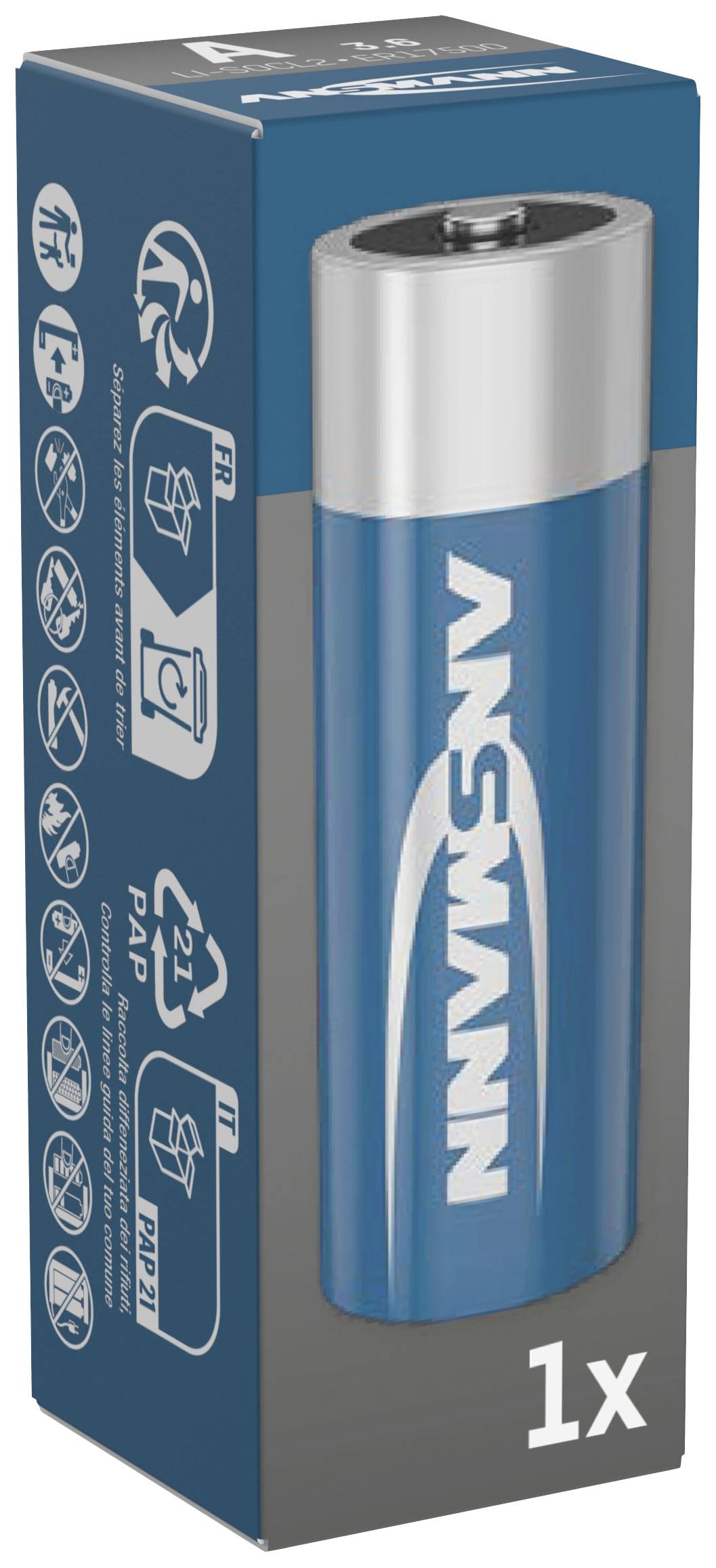 Opakowanie baterii z nadrukiem 'ANSMANN', przedstawiające pojedynczą baterię w kartonie. Widoczne są symbole recyklingu i utylizacji.