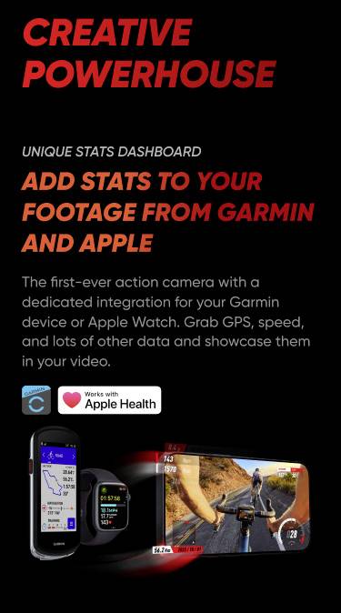 "Centrum Kreatywności"<br><br>Rewolucyjna kamera akcji, która łączy zaawansowane technologie Garmin i Apple. Precyzyjne śledzenie statystyk, nieograniczona wyobraźnia.<br><br>[Zdjęcia urządzeń i kamer w tle]