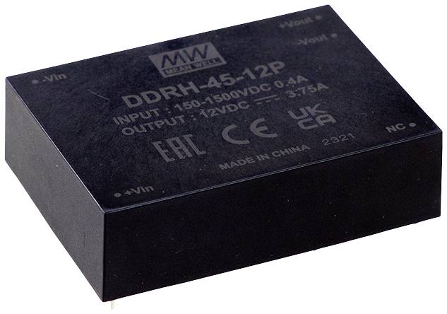 Czarny element elektroniczny z oznaczeniem 'DDRH-45-12P', pokazujący moc wejściową i wyjściową. Wyprodukowany w Chinach. Oznaczenie CE.