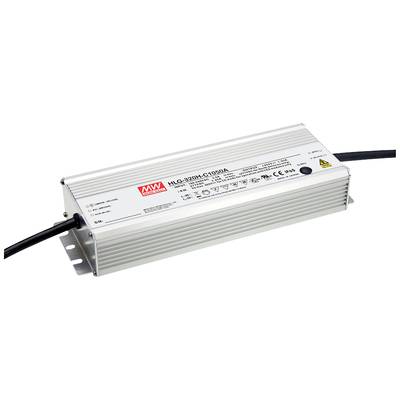 Metalowy sterownik LED marki 'Mean Well', model HLG-320H-C1050A, z kompletnymi specyfikacjami technicznymi i certyfikatami bezpieczeństwa.