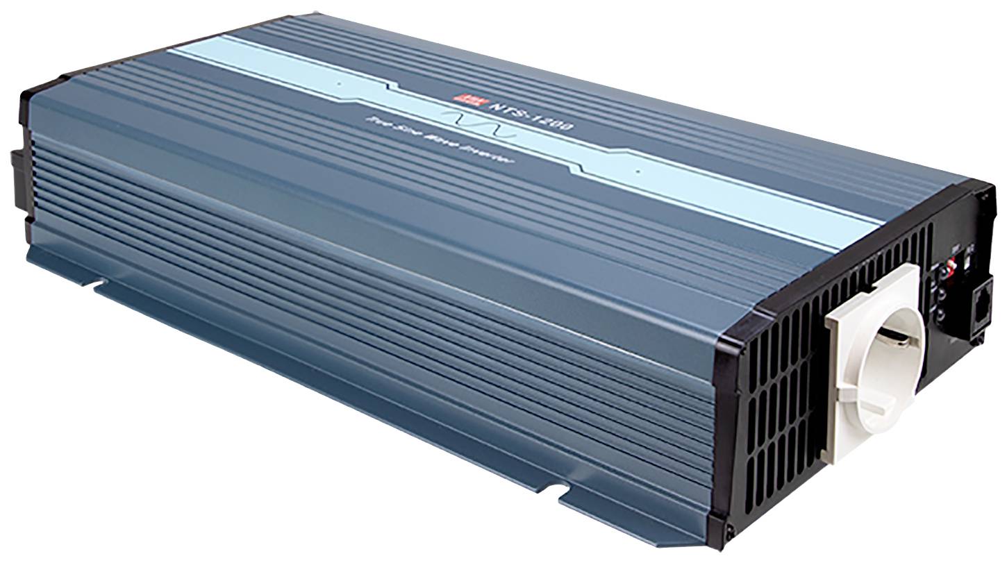 Falownik z niebieską obudową, jednym gniazdem elektrycznym i przełącznikami z przodu, przeznaczony do przekształcania prądu stałego na prąd zmienny.