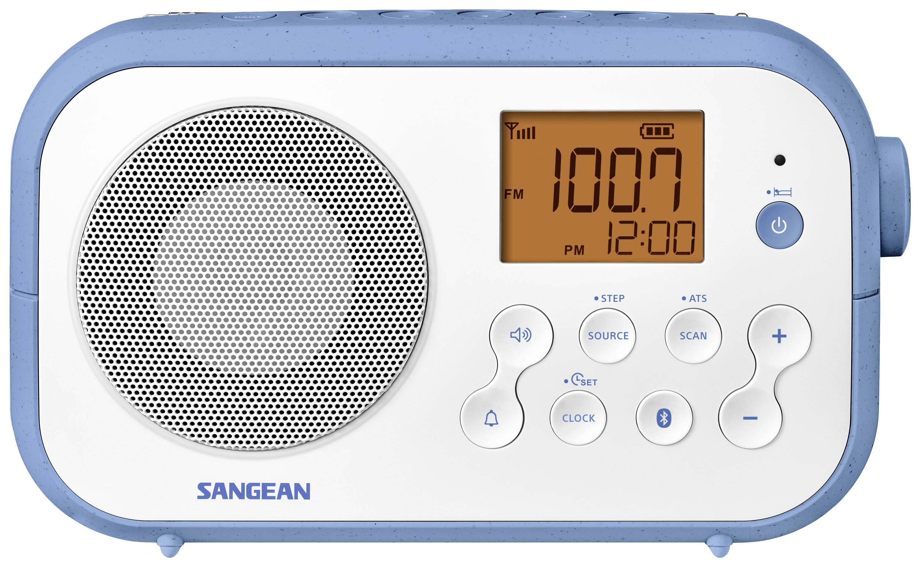 Przenośne radio z niebieską ramką, głośnikiem po lewej stronie i wyświetlaczem po prawej, wyświetlającym '100.7 FM'. Poniżej znajdują się przyciski sterujące.