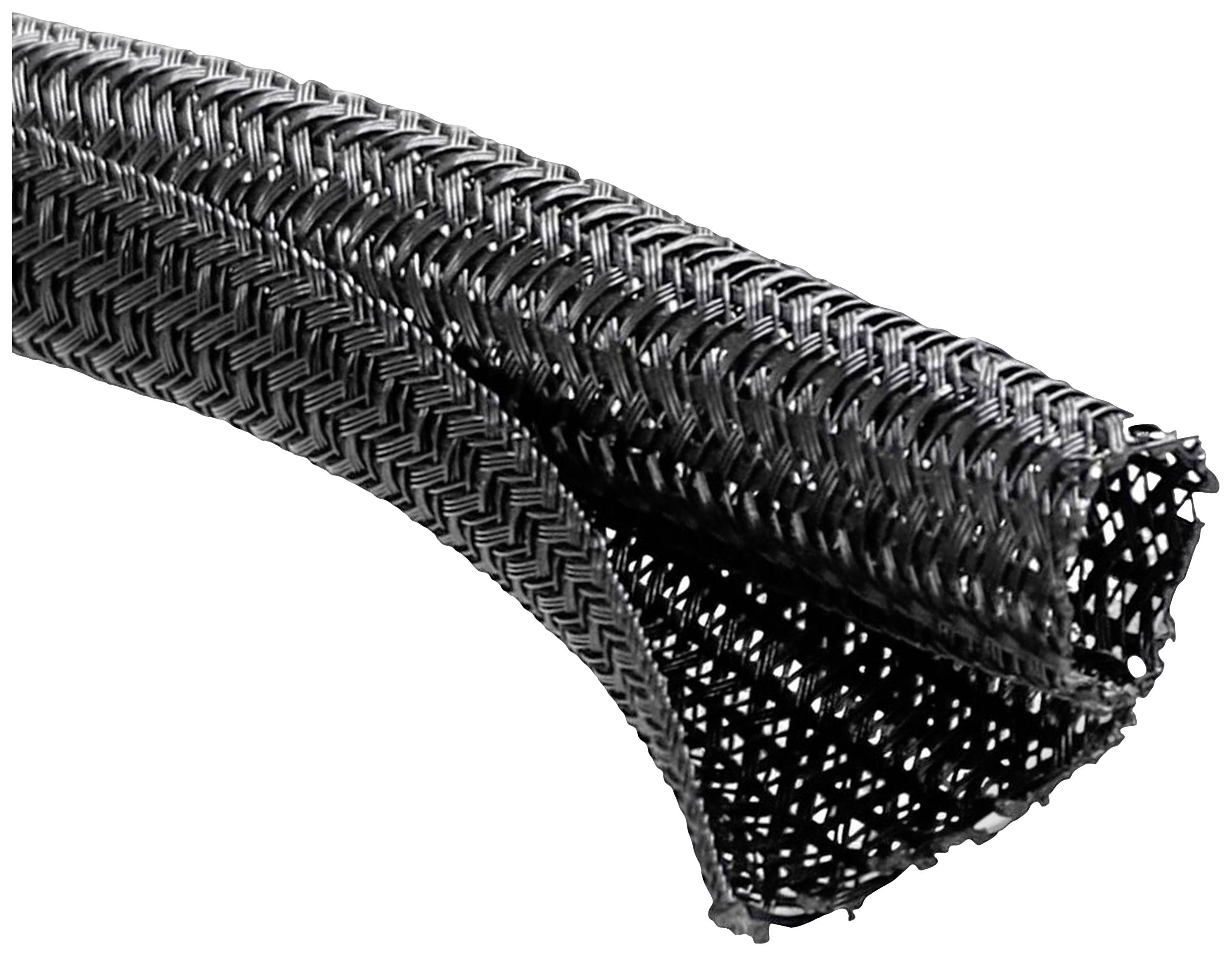 Czarny, pleciony, plastikowy oplot ochronny stosowany do wiązania i zabezpieczania przewodów w zastosowaniach technicznych.