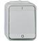 Biały przełącznik naścienny z prostokątnym przyciskiem, przeznaczony do użytku wewnętrznego. Na górze mały wskaźnik włączenia/wyłączenia.
