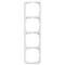 'Czterokrotna rama z białego tworzywa sztucznego do montażu czterech przełączników lub gniazd elektrycznych, ułożonych w pionie.'