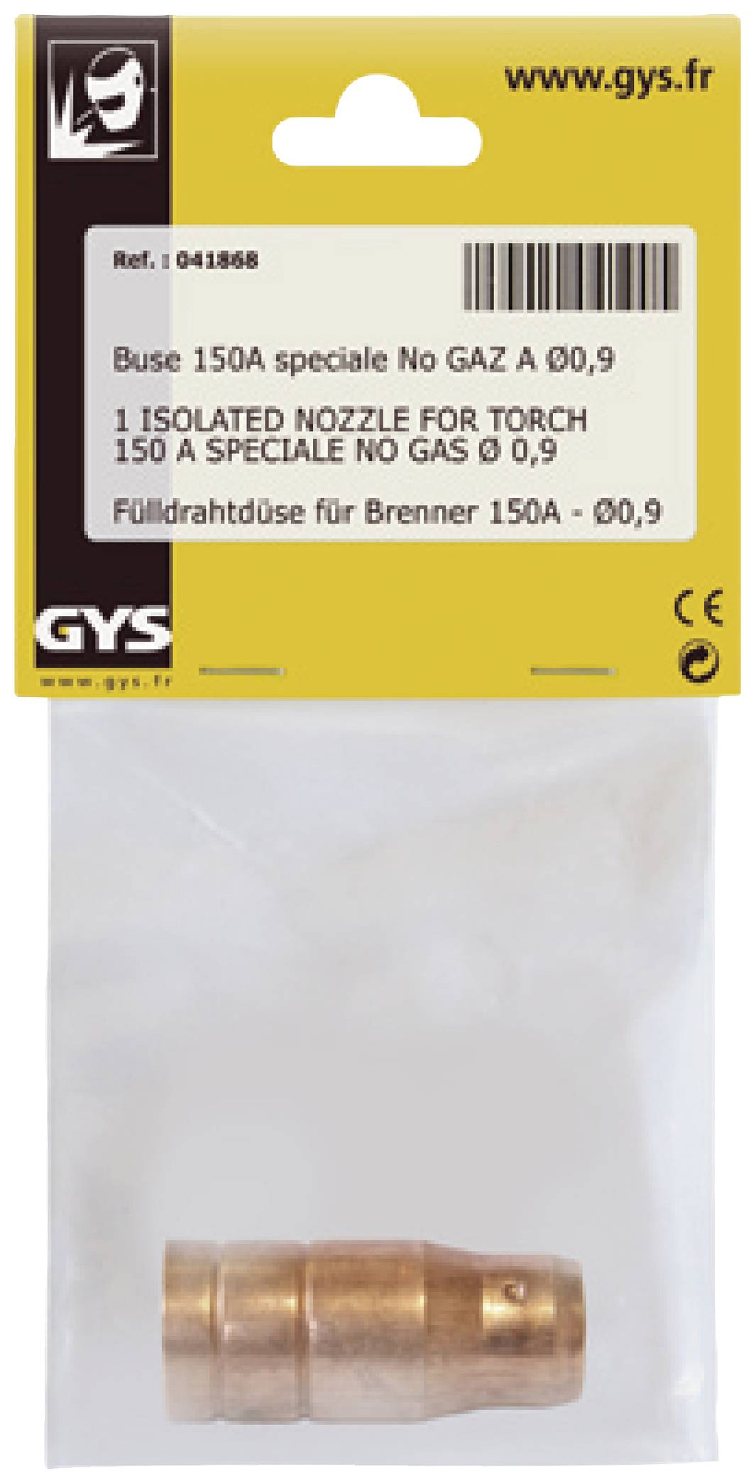 Dysza 150A do palnika, specjalnie No Gaz, Ø 0,9. Pakowana w przezroczyste opakowanie plastikowe z żółtą etykietą.