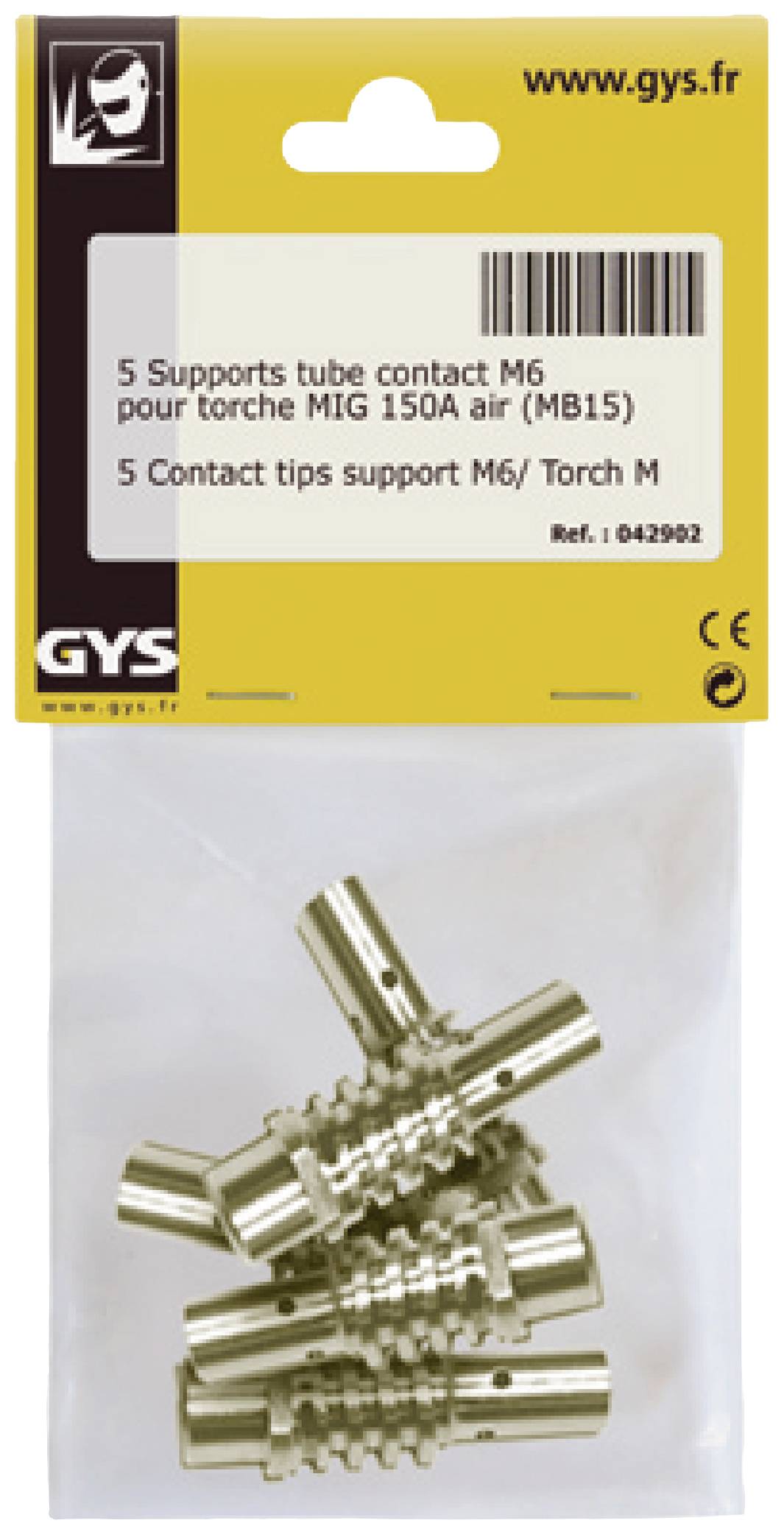 Opakowanie z pięcioma końcówkami stykowymi do spawarki MIG 150A, model M6/M15. Marka GYS, numer artykułu 0429802.
