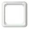 Biała ramka kwadratowa o zaokrąglonych narożnikach, stosowana jako pokrywa lub ozdobne wykończenie włączników lub gniazdek elektrycznych.