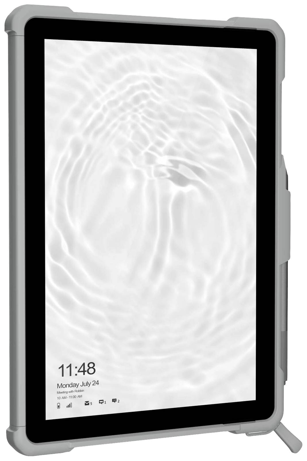 Tablet z szarą obudową ochronną. Na ekranie wyświetlana jest godzina 11:48 oraz data poniedziałek, 24 lipca na tle z wzorem fal.