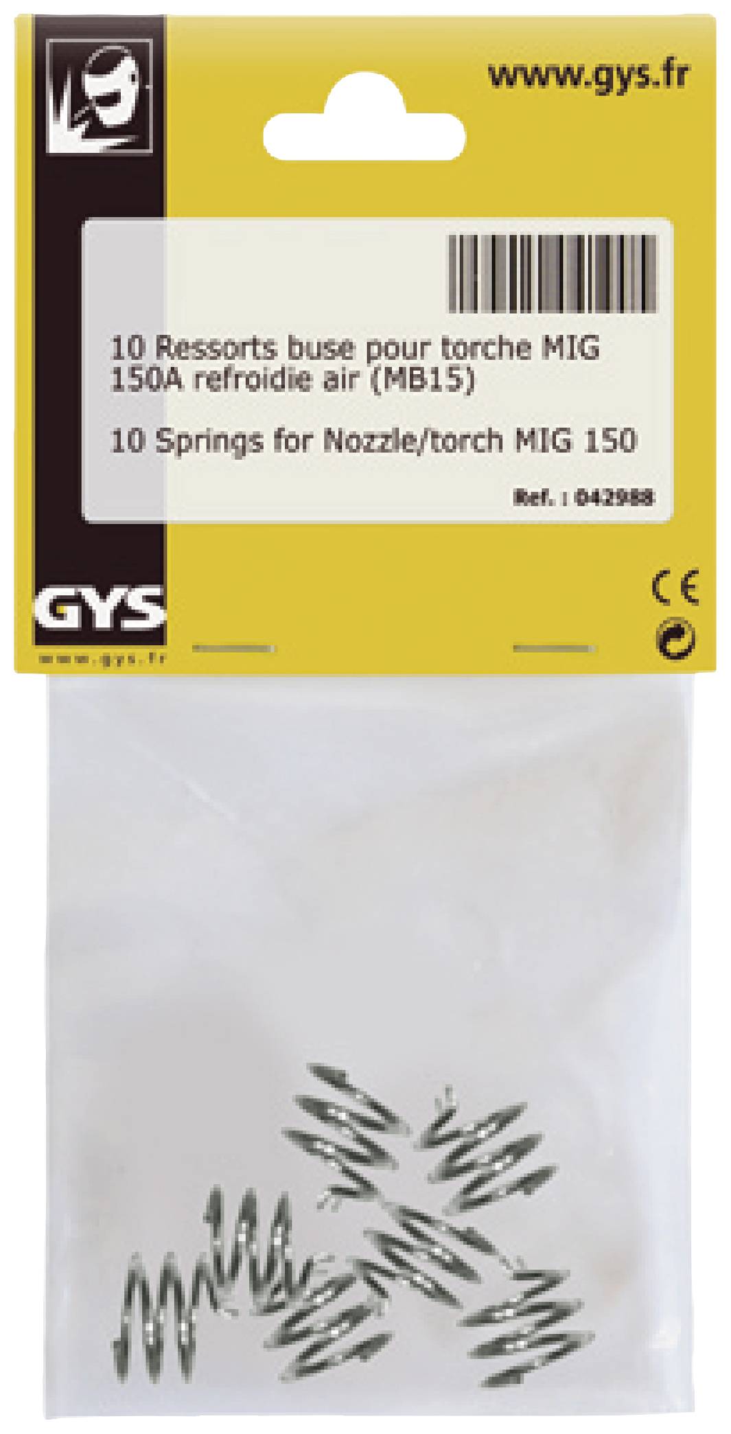 '10 dysz spawalniczych MIG do palnika spawalniczego 150A, chłodzonych powietrzem (MB15)' w przezroczystym opakowaniu z żółtą etykietą na górze.
