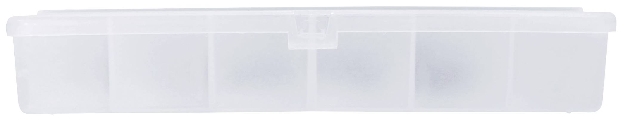 Przezroczyste pudełko plastikowe z pięcioma przegródkami, odpowiednie do przechowywania małych przedmiotów lub narzędzi.