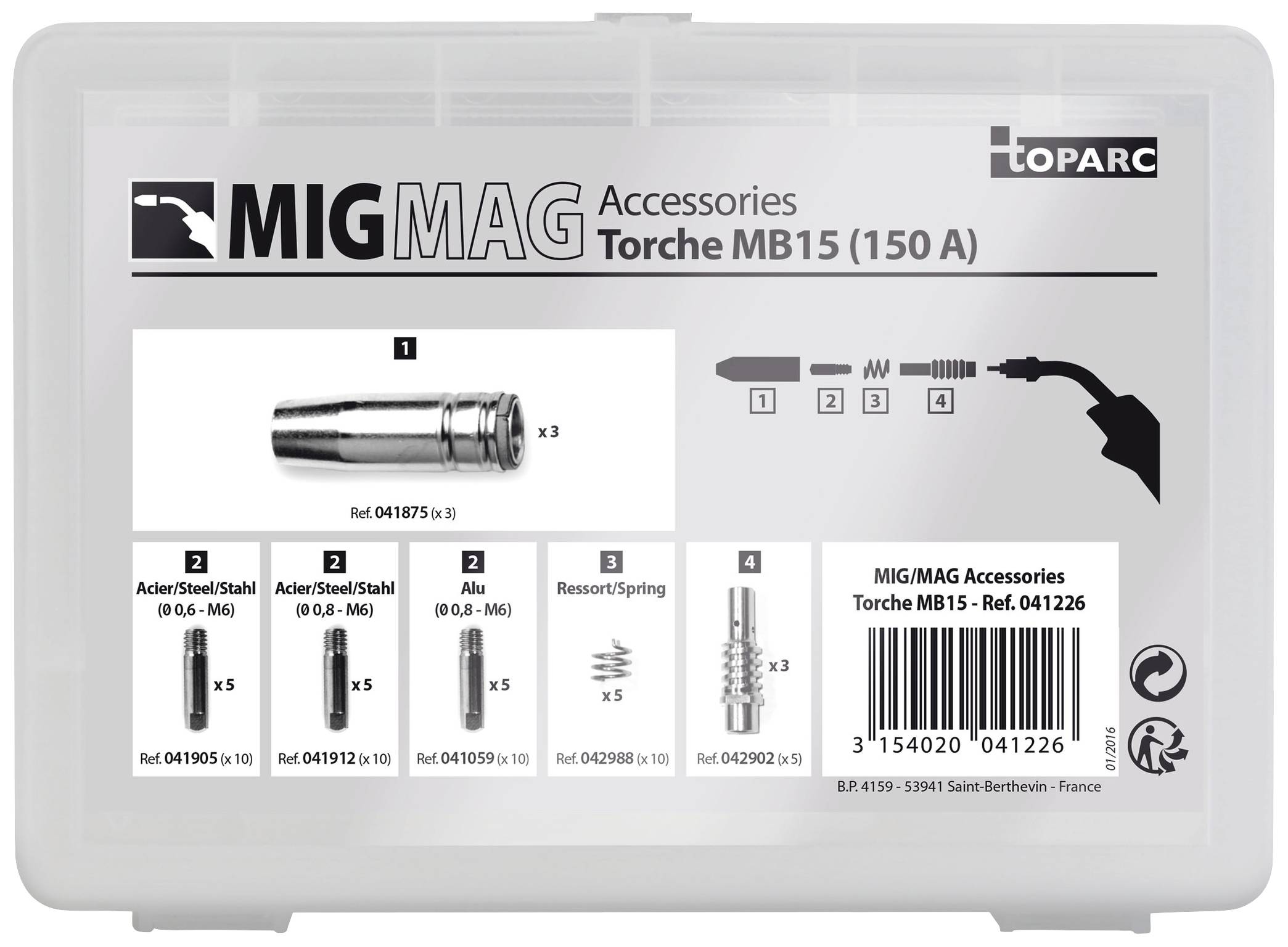 Opakowanie z wyposażeniem do spawarek MIG/MAG dla uchwytów spawalniczych MB15 (150 A). Zawiera ilustracje części zamiennych wraz z ich numerami katalogowymi.