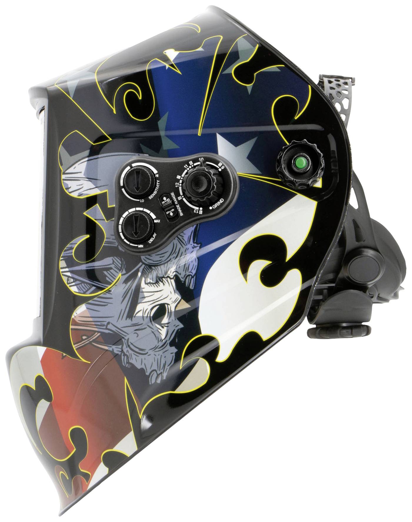 Kask spawalniczy z kolorowym, abstrakcyjnym wzorem i regulowanymi guzkami, widok z boku. Główne kolory: niebieski, czerwony, czarny, żółty.