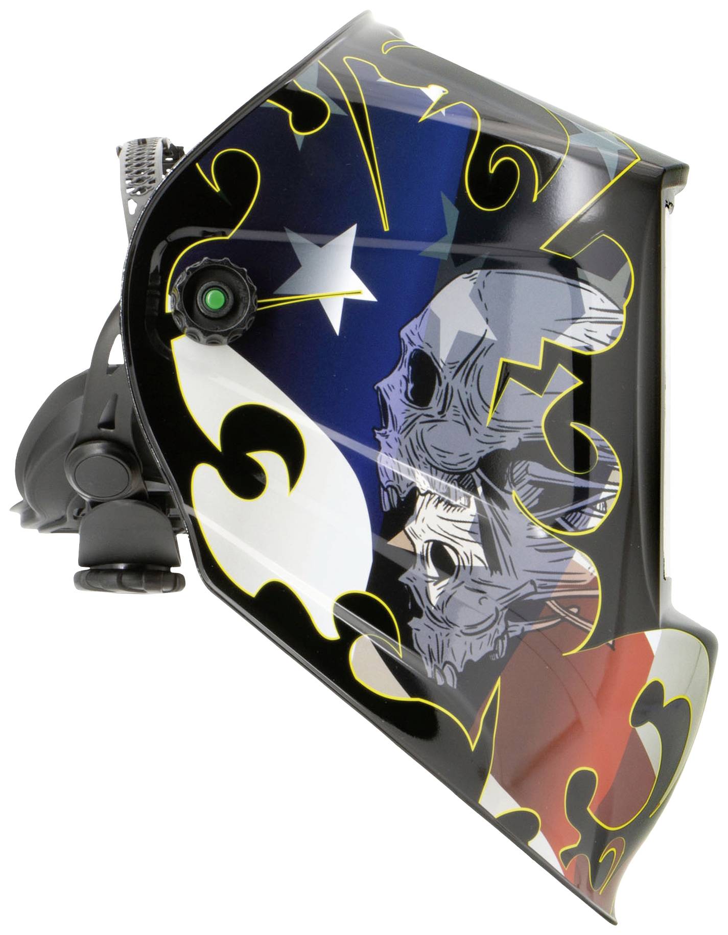 Maska spawalnicza z wyrazistym wzorem kolorowych gwiazd i czaszek. Po bokach posiada automatyczny filtr.