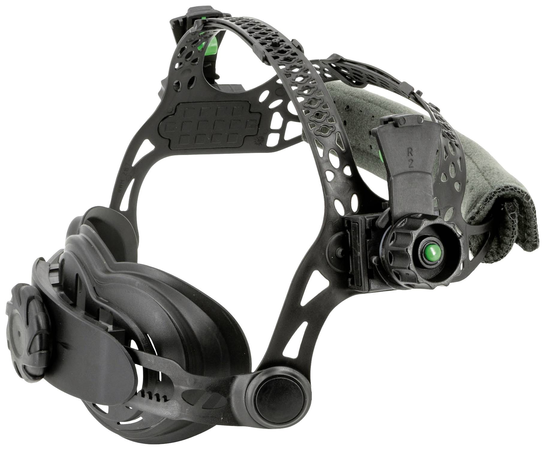 Noktowizor z mocowaniem nagłownym i regulowanym paskiem. Posiada zieloną soczewkę obserwacyjną i boczny element sterujący.