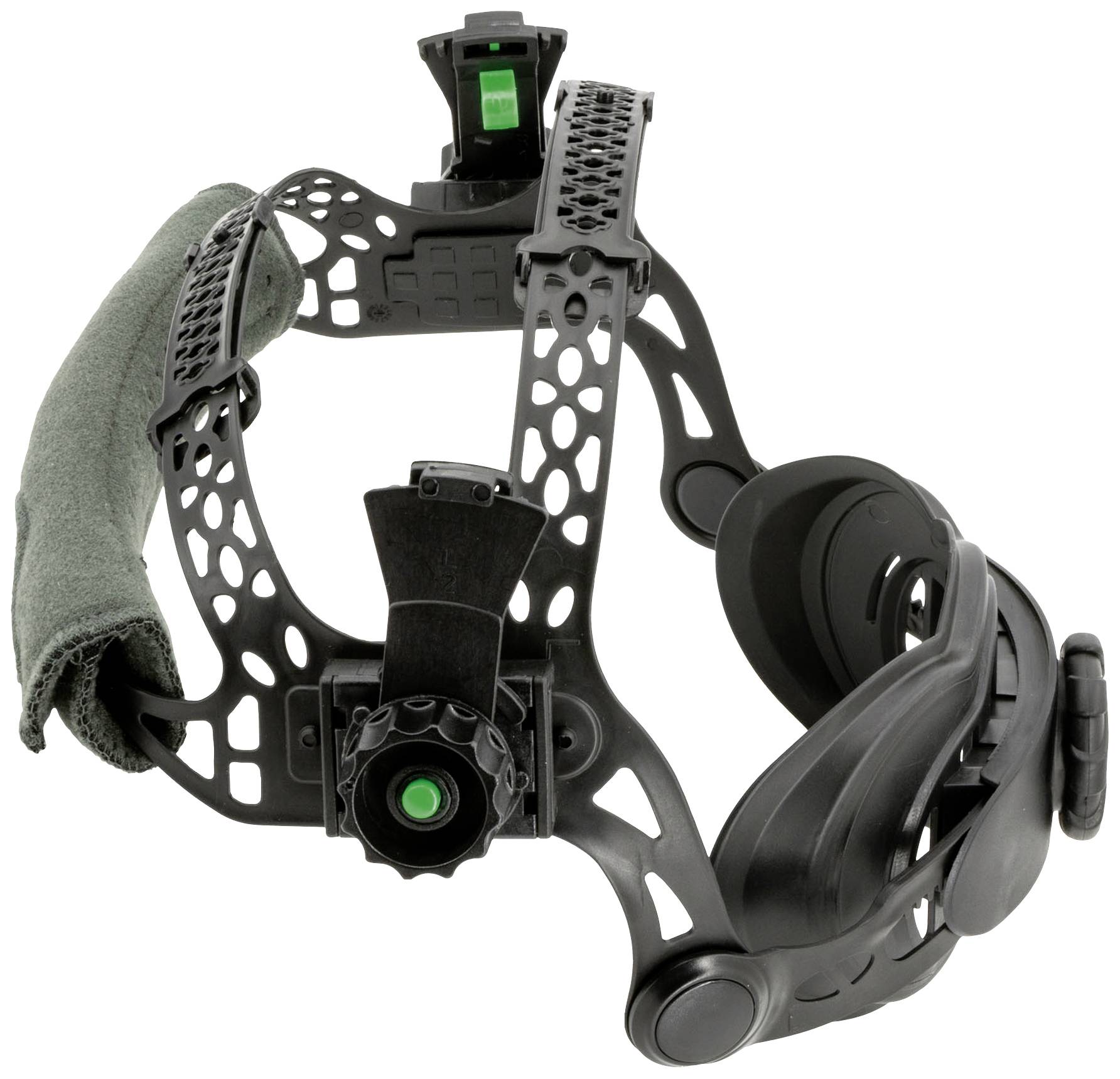 Czarna lornetka noktowizyjna z regulowanym paskiem na głowę, zatrzaskami mocującymi i zieloną diodą LED. Przeznaczona głównie do użytku w nocy.