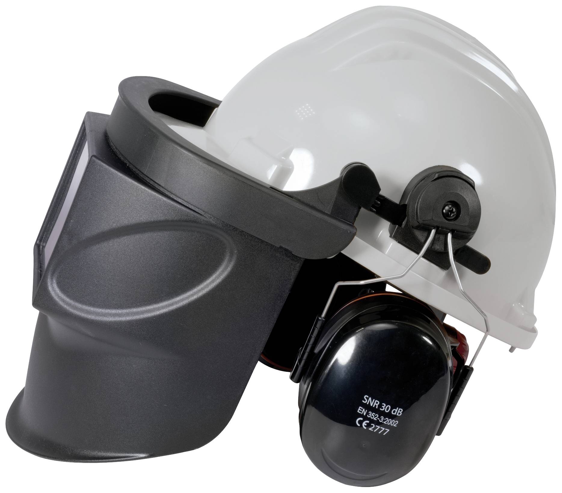 Kask ochronny z przyłbicą i ochronnikami słuchu, odpowiedni do pracy w głośnych środowiskach. Kask jest biały z czarnymi dodatkami.