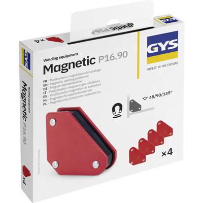 Pudełko sprzętu spawalniczego GYS Magnetic P16.90 z czerwonym zestawem magnetycznych uchwytów kątowych (4 sztuki) do pozycjonowania pod kątami 45°, 90° i 135°.