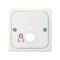Biała wtyczka bez otworów na wtyk, z czerwonym symbolem stylizowanej postaci. Ważna uwaga dotycząca bezpieczeństwa.
