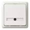 Biały włącznik światła o prostokątnym kształcie. Na środku włącznika znajduje się mały, czarny punkt.