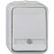 Biała skrzynka naścienna z pokrywą i przyciskiem z przodu.