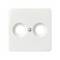 Biała ramka gniazdowa z dwoma okrągłymi otworami i centralną śrubą. Odpowiednia do montażu na ścienie.