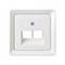 Podwójne gniazdo sieciowe z białą ramką, odpowiednie do podłączeń Ethernet. Idealne do zastosowań w biurze lub w domu.