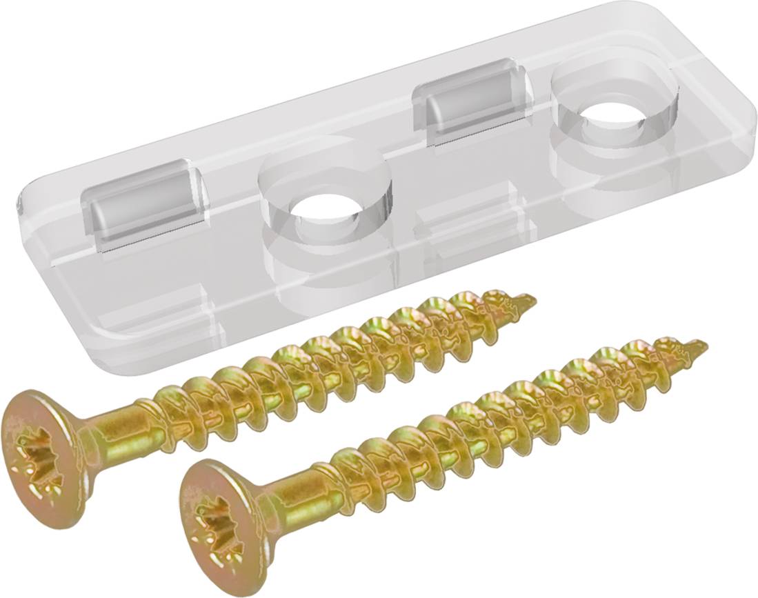 Dwie złocolorane śrubki poniżej przezroczystego plastikowego uchwytu lub osłony z dwoma okrągłymi otworami, pokazane na białym tle.