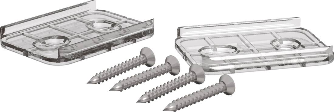 Dwie przezroczyste plastikowe płyty montażowe z czterema srebrnymi śrubami, pokazane jako zestaw sprzętu do zabezpieczenia lub montażu urządzenia.