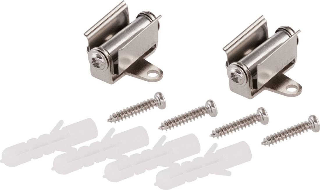 Dwie metalowe zatrzaski rolkowe z czterema śrubami i czterema kołkami do ścian na białym tle.