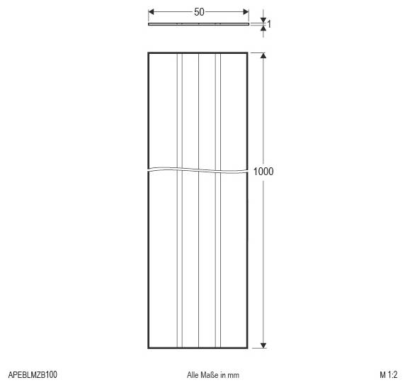 Rysunek techniczny prostokątnego panelu o wysokości 1000 mm i szerokości 50 mm, ze wskazaną grubością 1 mm w milimetrach.