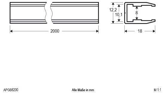 Rysunek techniczny profilu metalowego: długość 2000 mm z wymiarami przekroju poprzecznego 18 mm szerokości, 12,2 mm wysokości oraz 8 mm wysokości wewnętrznej; wszystkie wymiary w mm.