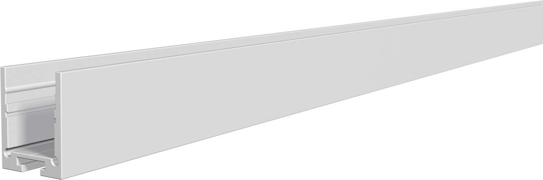 Biała aluminiowa suwnica lub szyna z rowkowanym kanałem, pokazana w perspektywie na jednolitym tle.