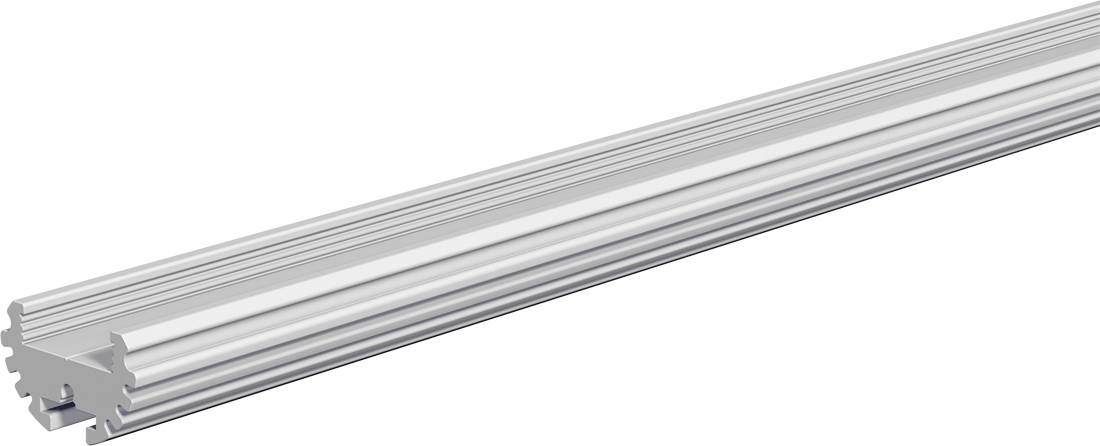 Srebrna szynę z aluminium wytłaczanego z profilowanym rowkiem w kształcie litery T, pokazana diagonalnie na białym tle.
