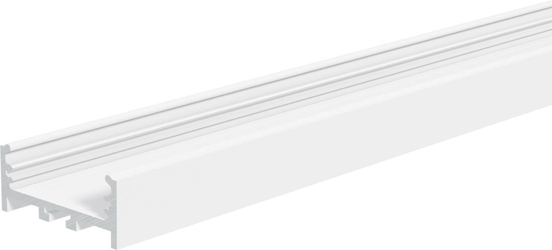 Biały profil aluminiowy wyciągany w postaci szyny lub toru pokazany w perspektywie na zwykłym tle, z długim kanałem w kształcie litery U i widocznymi otworami montażowymi na lewym końcu.