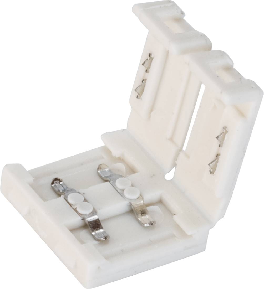Biały plastikowy klips złącza elektrycznego z dwoma metalowymi stykkami sprężynowymi, pokazany otwarty na białym tle.