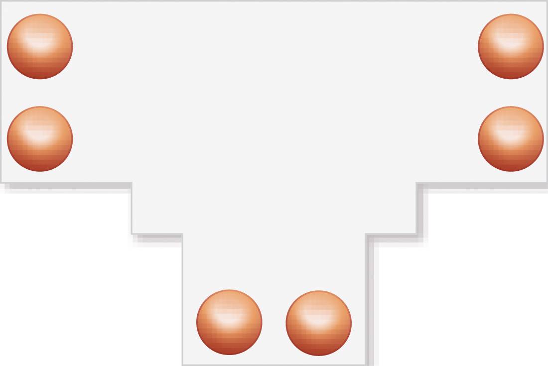 Diagram mostka w kształcie litery T lub złącznika z czterema pomarańczowymi punktami okrągłymi w górnych narożnikach i dwoma na dole na środku, pokazujący pozycje montażu.