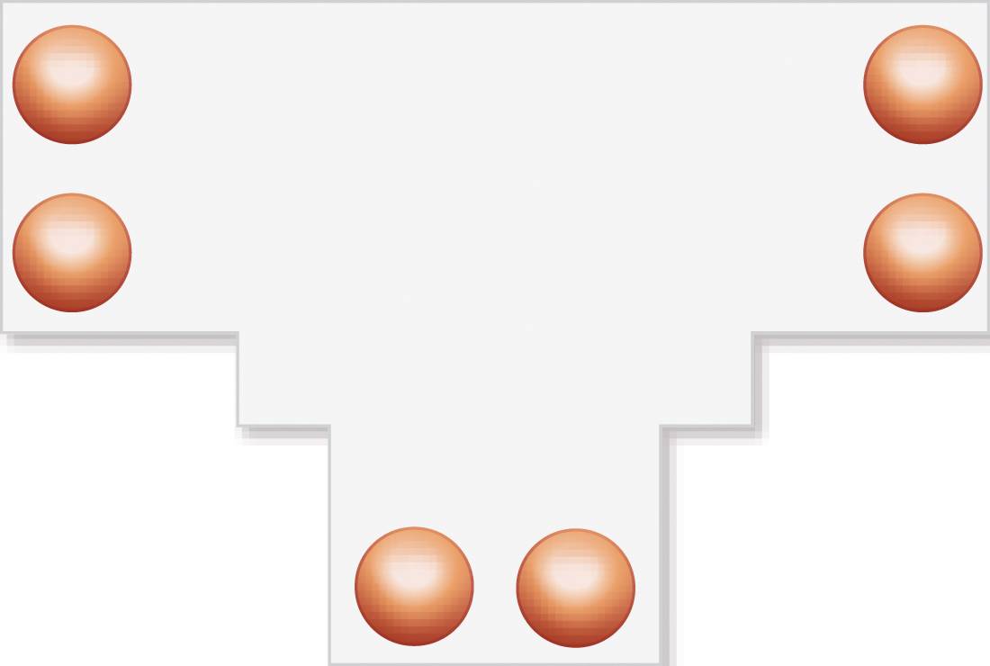 Uproszczony diagram układu pokazujący cztery pomarańczowe koła w górnych narożnikach i dwa pomarańczowe koła wyśrodkowane u dołu w ramie białej ze stopniami.