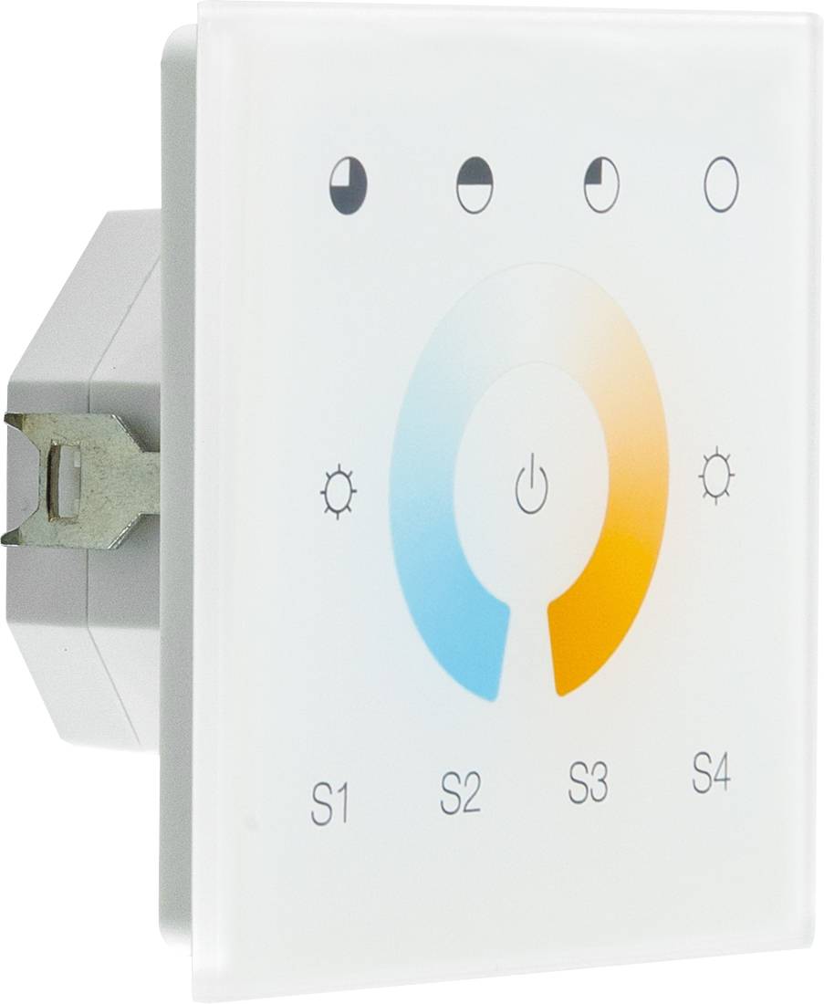Włącznik ścienny z funkcją przyciemniania dotykowego z symbolem zasilania, pierścieniem jasności i ustawieniami S1-S4