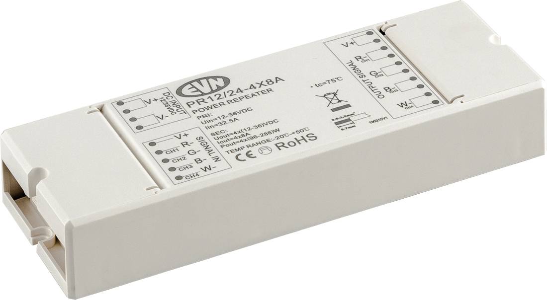 Biały prostokątny moduł wzmacniający moc LED EIM z zaciskami do obwodu drukowanego i etykietą modelu na górze.