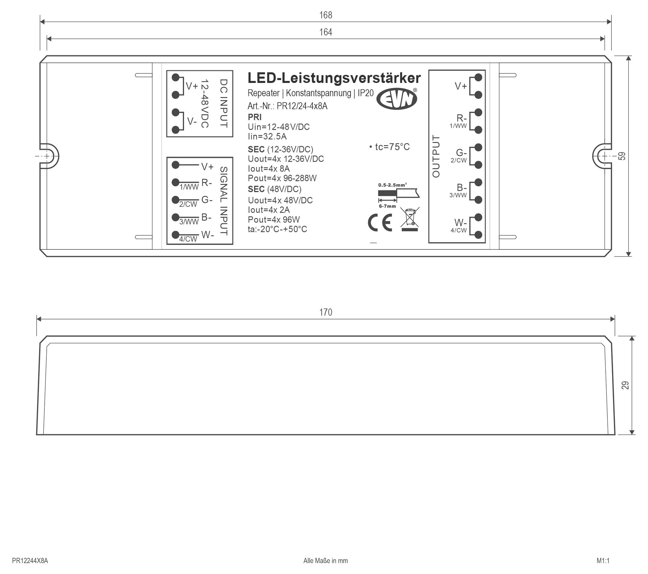 Rysunek techniczny zasilacza/sterownika LED oznaczony jako 'LED-Leistungsversorger', pokazujący widoki z góry i z boku z wymiarami i połączeniami zacisków.