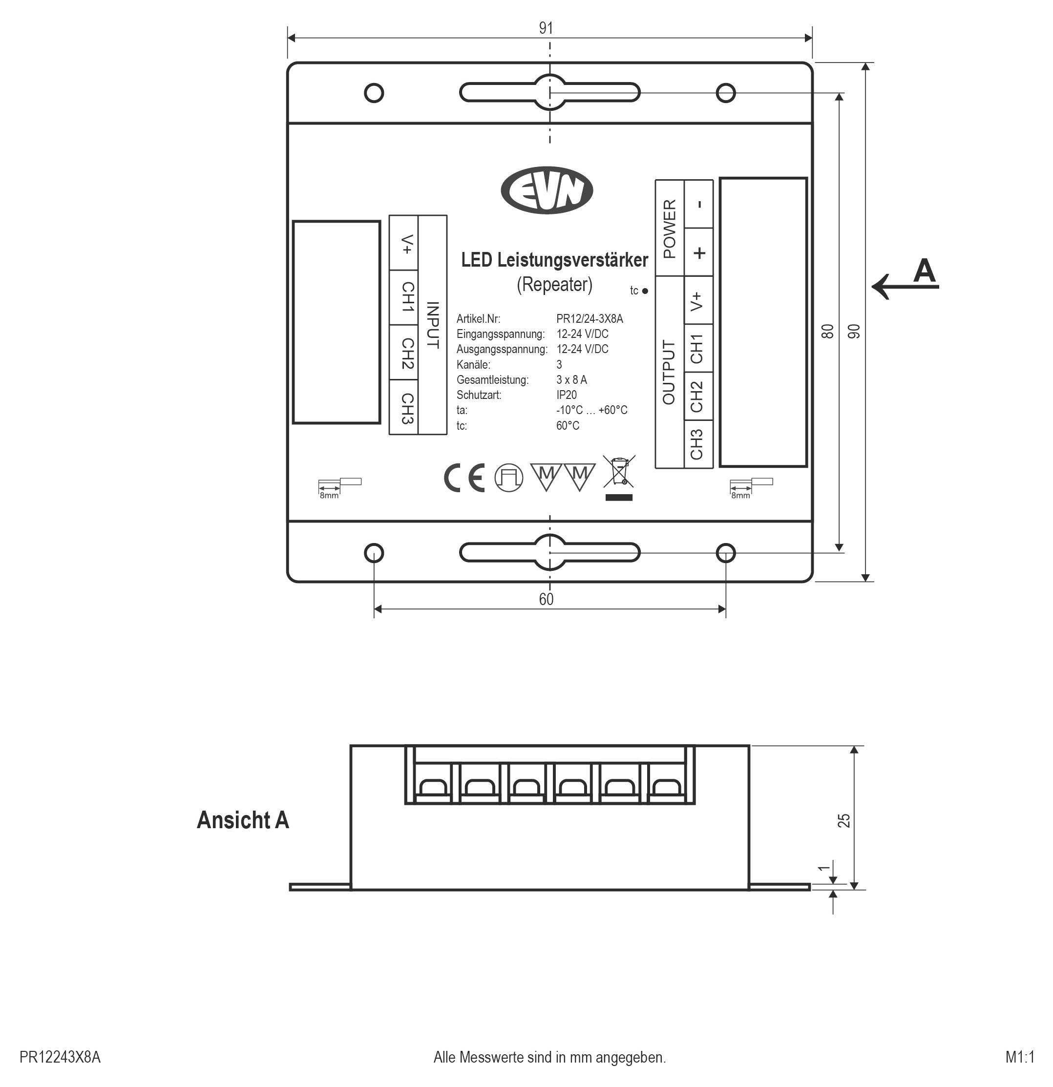 Rysunek techniczny repetera zasilającego EVN LED, przedstawiający widoki z przodu i z boku wraz z wymiarami montażu i opisami zacisków.