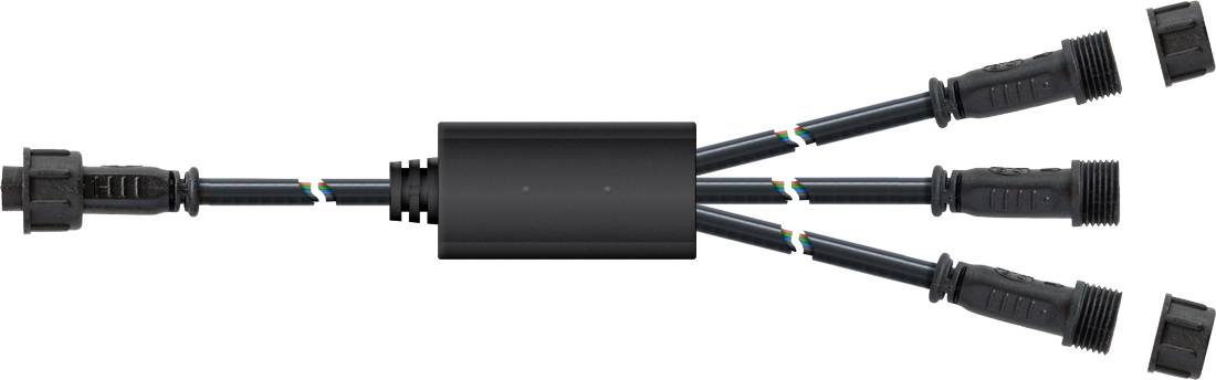 Czarny kabel rozdzielacza elektrycznego 1-do-3 z centralnym blokiem łącznika i trzema przewodami wyjściowymi, każdy zakończony wtyczką i nasadką.