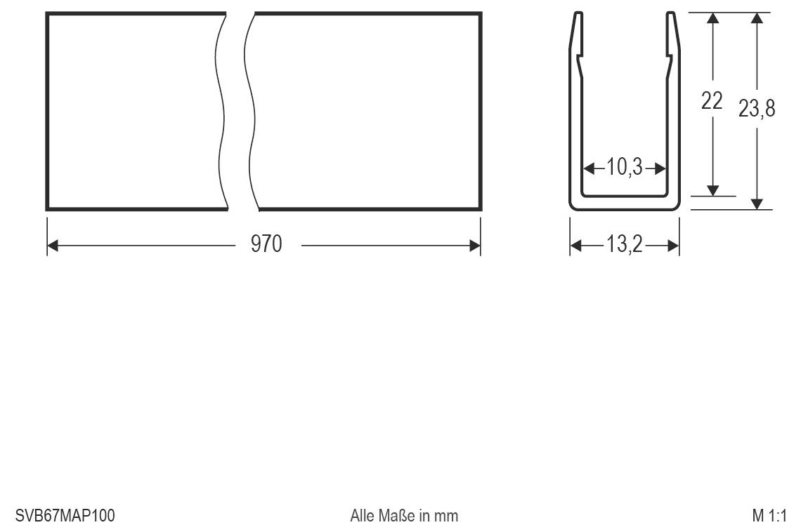 Techniczny rysunek wymiarowy części prostokątnej z centralnym wycięciem; całkowita szerokość 970 mm, szerokość przekroju 13,2 mm, szerokość wewnętrzna 10,3 mm, wysokość 22 mm, całkowita wysokość 23,8 mm.