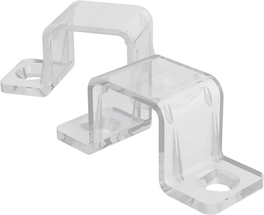 Dwa przezroczyste plastikowe uchwyt montażowe w kształcie litery U z otworami na śruby, pokazane na białym tle.