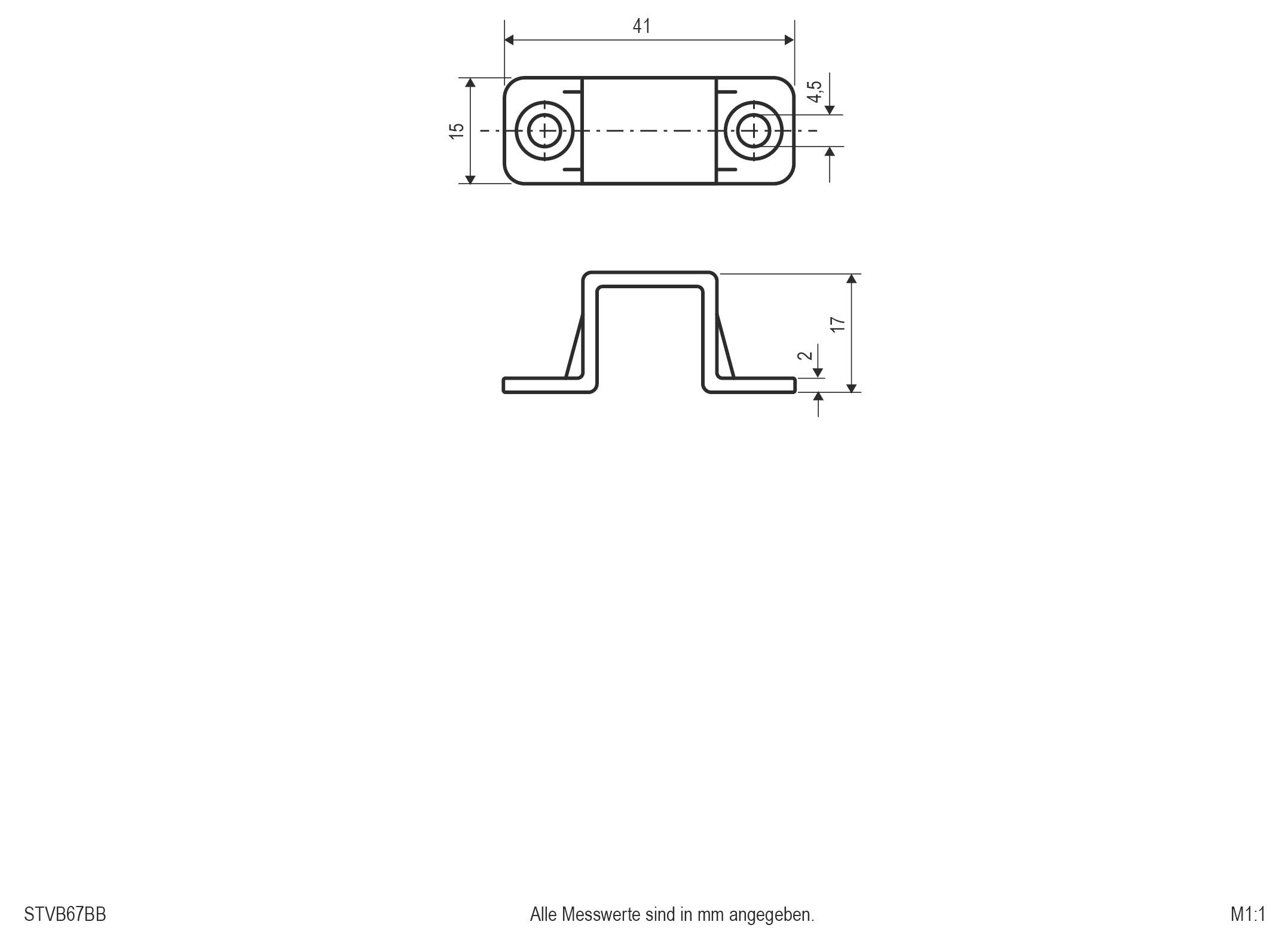 Rysunek techniczny metalowego wspornika w kształcie litery U, przedstawiający widok z góry i widok z boku z wymiarami podanymi w milimetrach.