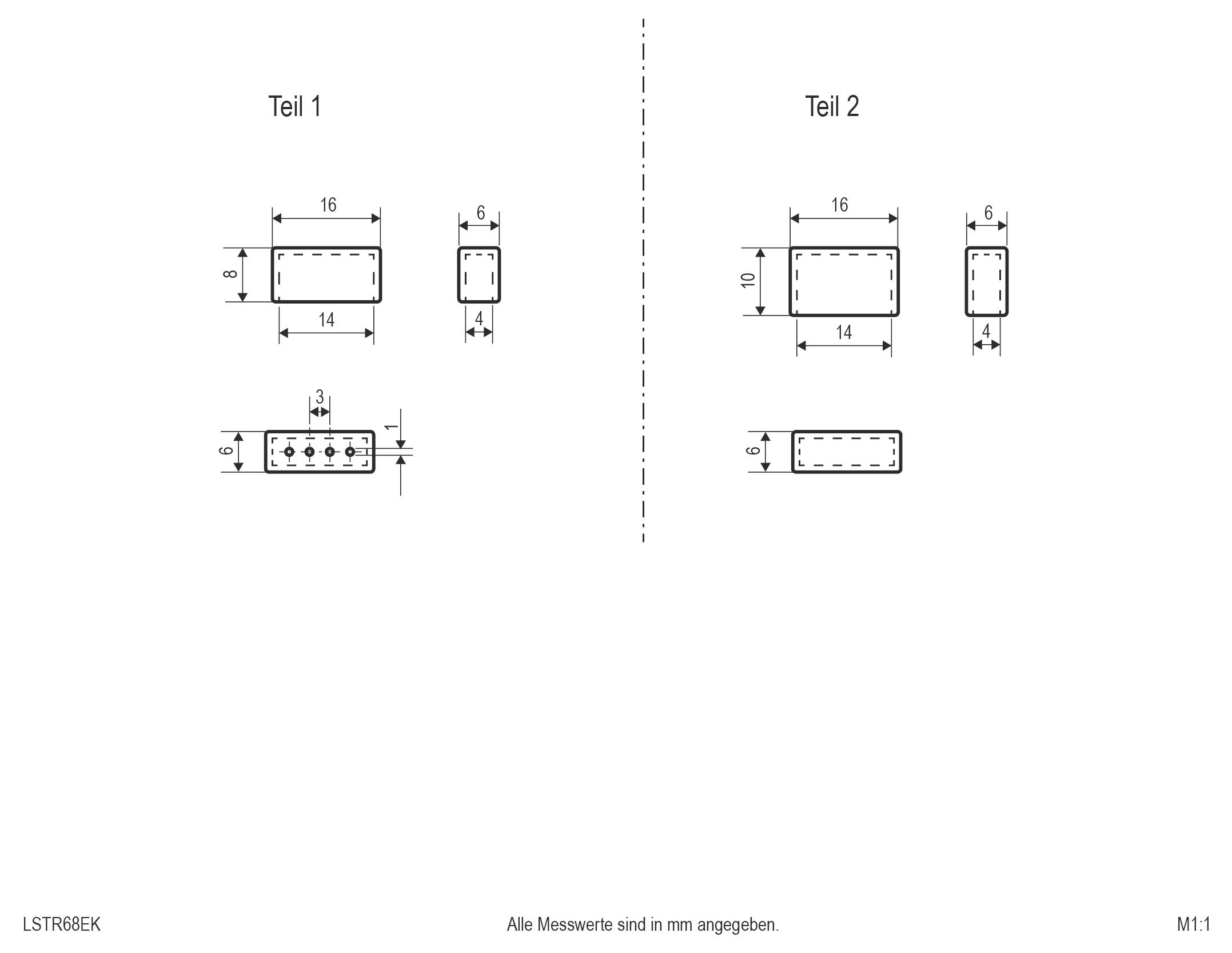 Diagram wymiarów technicznych porównujący części prostokątne "Część 1" i "Część 2" z pomiarami w milimetrach i rozmieszczeniem otworów, ukazujący różnice wielkości i widoki przekrojów.
