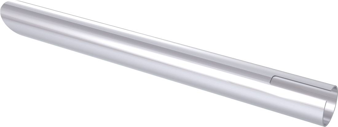 Srebrny cylindryczny pręt metalowy z małym nacięciem z boku, pokazany na białym tle.