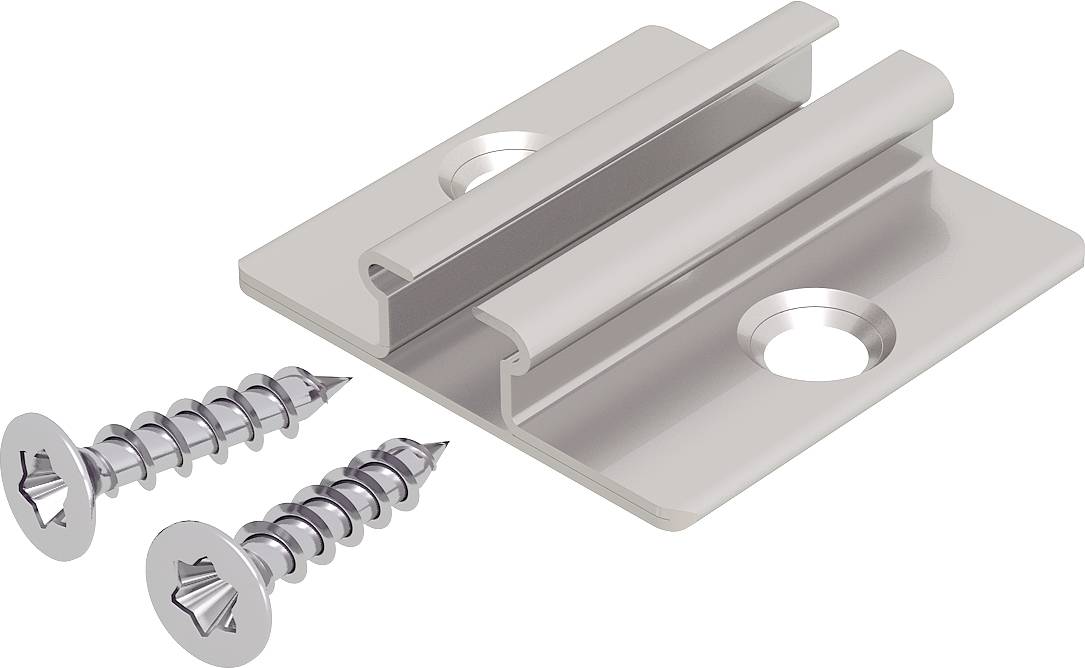 Metalowa klamra montażowa z dwoma śrubami, pokazana w ilustracji 3D w stylu produktowym.